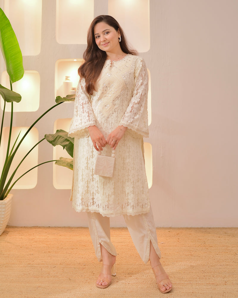 Ivory Schiffli Threaded Festive Tulip Co-ord