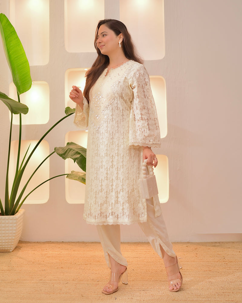Ivory Schiffli Threaded Festive Tulip Co-ord
