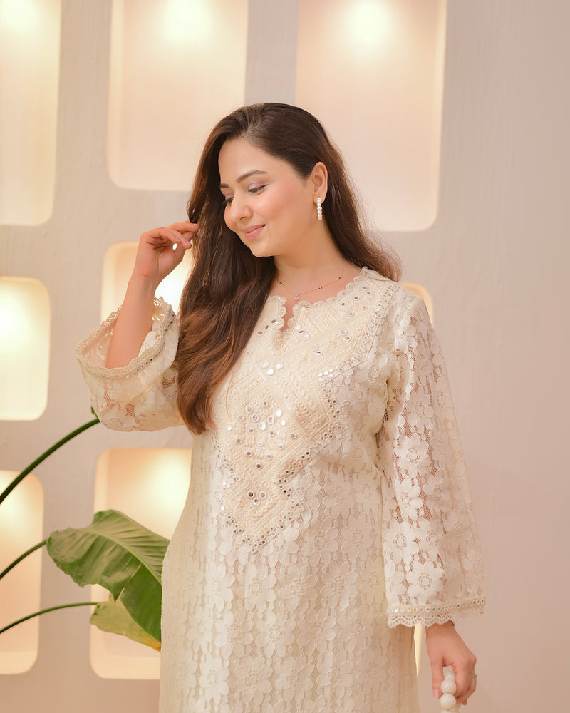 Ivory Schiffli Threaded Festive Tulip Co-ord
