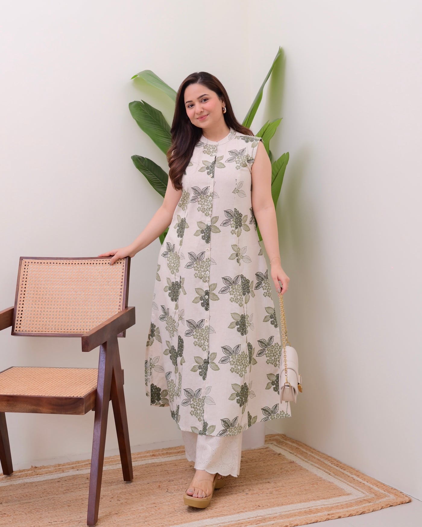 Ivory Green Floral A Line Kurta Schiffli Palazzo Set
