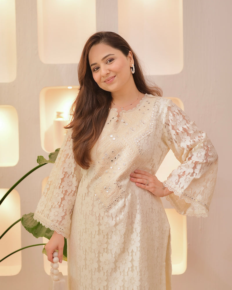 Ivory Schiffli Threaded Festive Tulip Co-ord