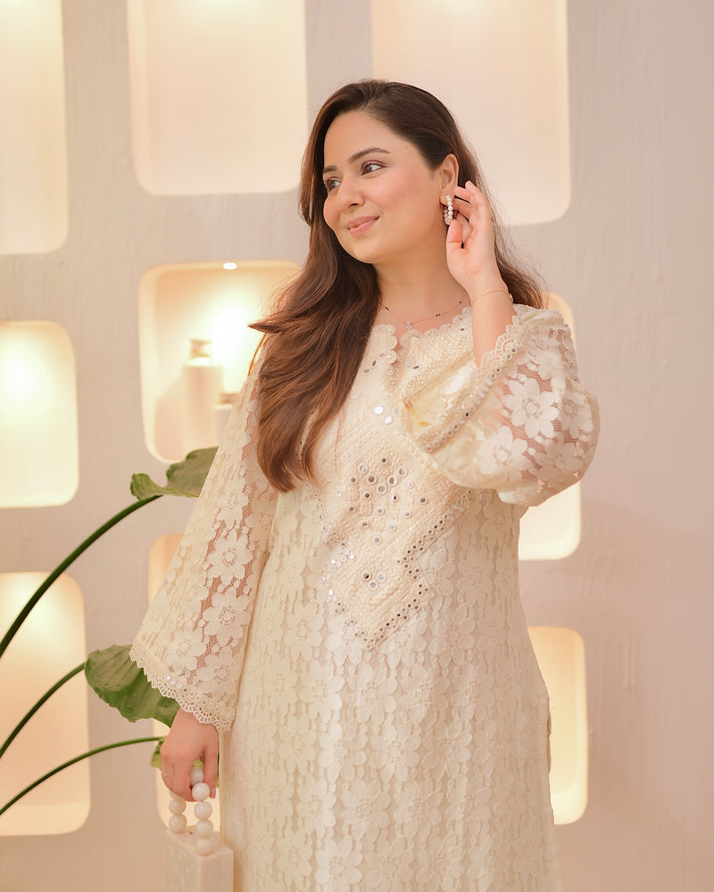 Ivory Schiffli Threaded Festive Tulip Co-ord