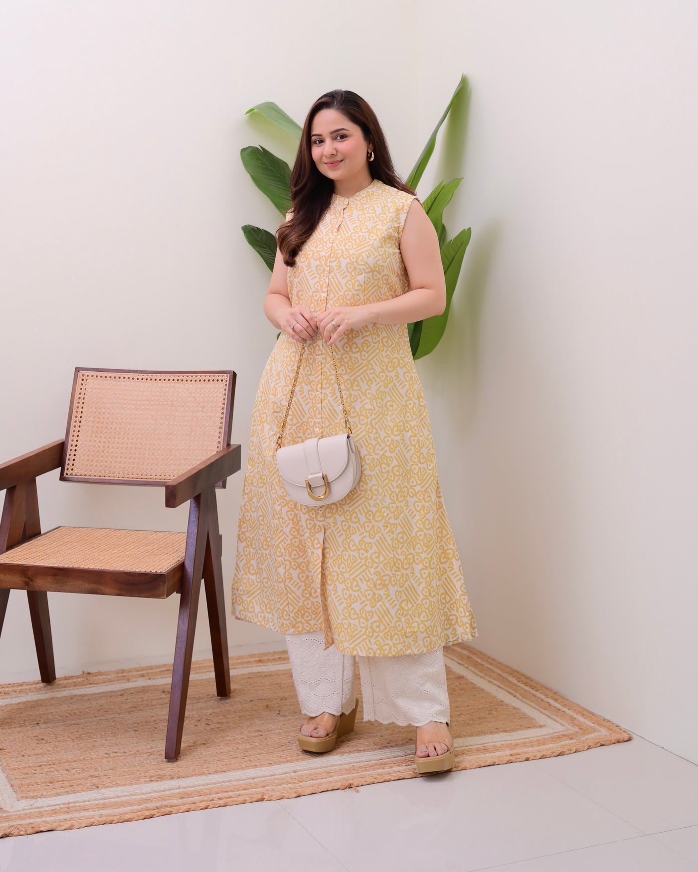 Yellow Batik Print A Line Kurta Schiffli Palazzo Set