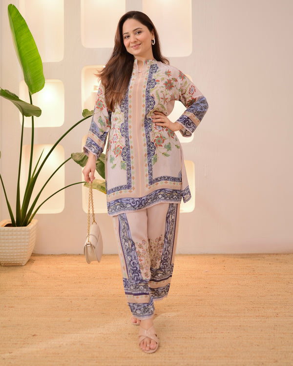 Ivory Blue Botanic Charm Crepe Co-ord Set