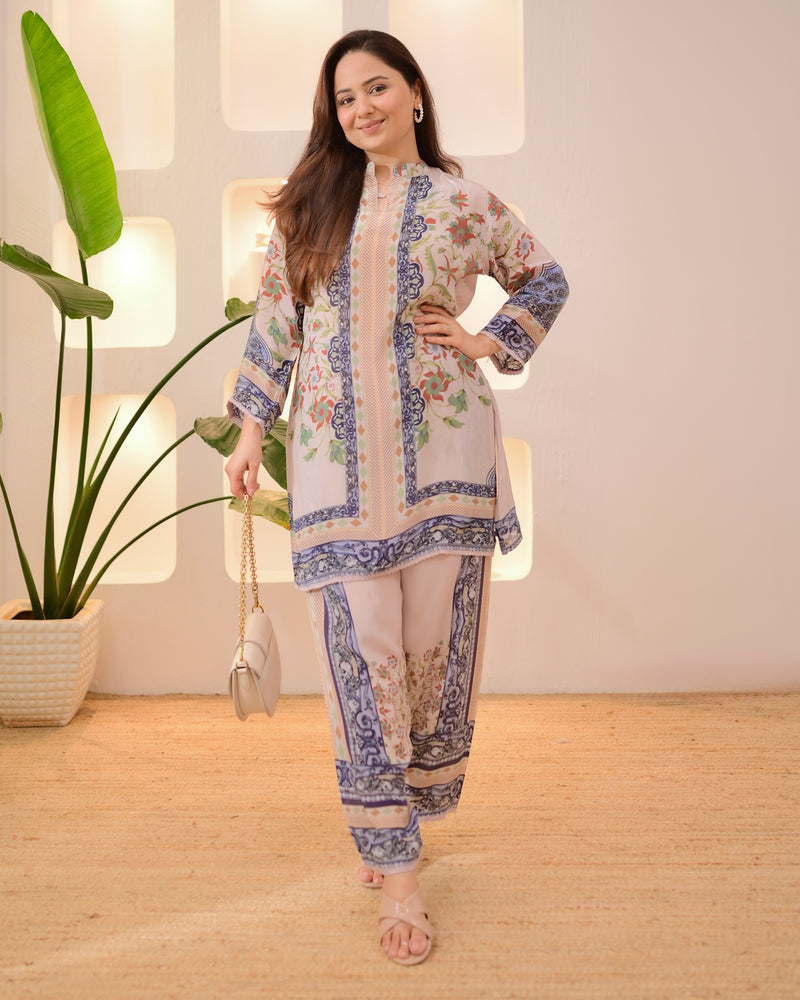 Ivory Blue Botanic Charm Crepe Co-ord Set