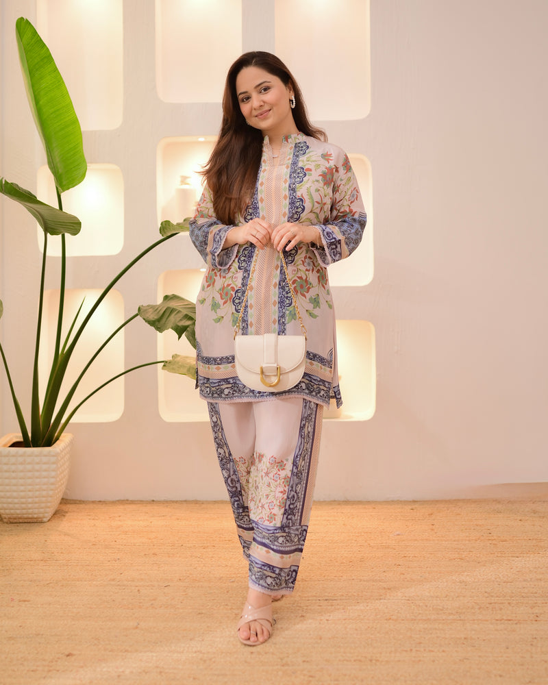Ivory Blue Botanic Charm Crepe Co-ord Set
