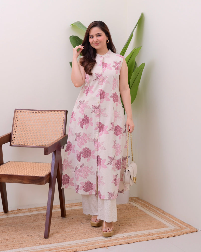 Pink Floral A Line Kurta Schiffli Palazzo Set