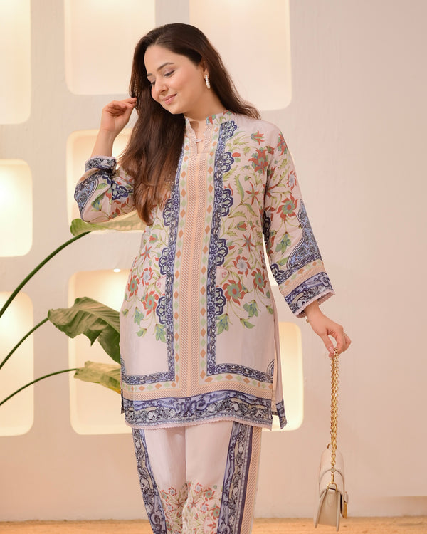 Ivory Blue Botanic Charm Crepe Co-ord Set