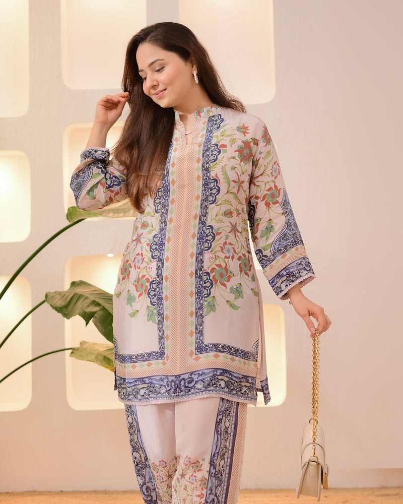 Ivory Blue Botanic Charm Crepe Co-ord Set