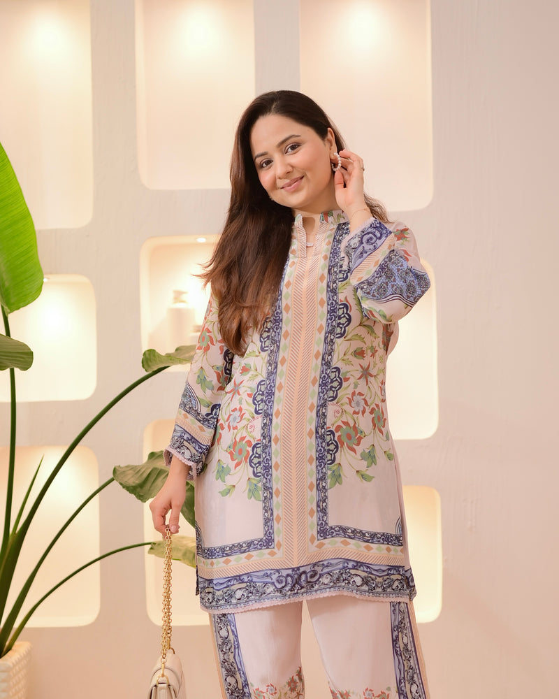 Ivory Blue Botanic Charm Crepe Co-ord Set