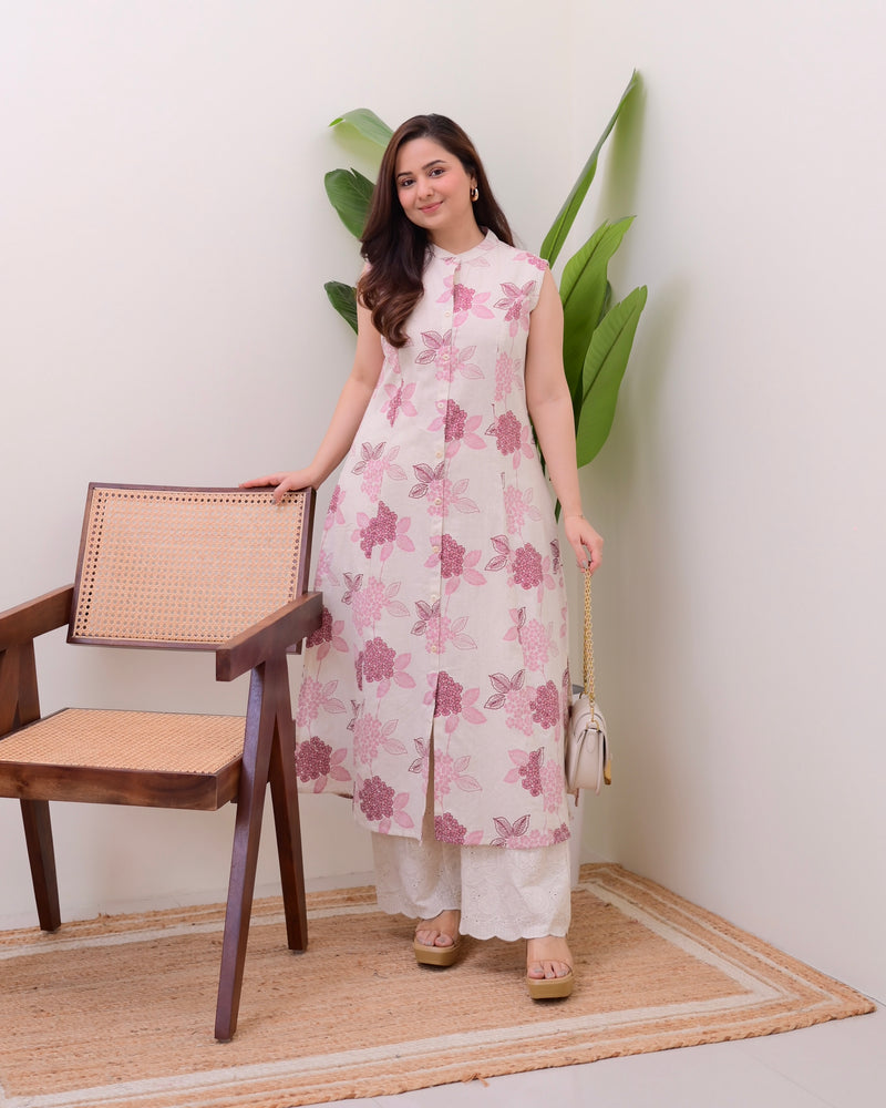 Pink Floral A Line Kurta Schiffli Palazzo Set