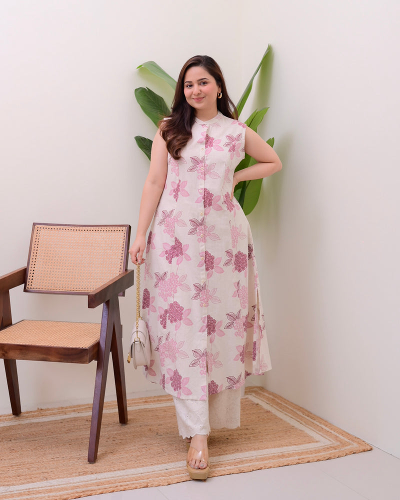 Pink Floral A Line Kurta Schiffli Palazzo Set