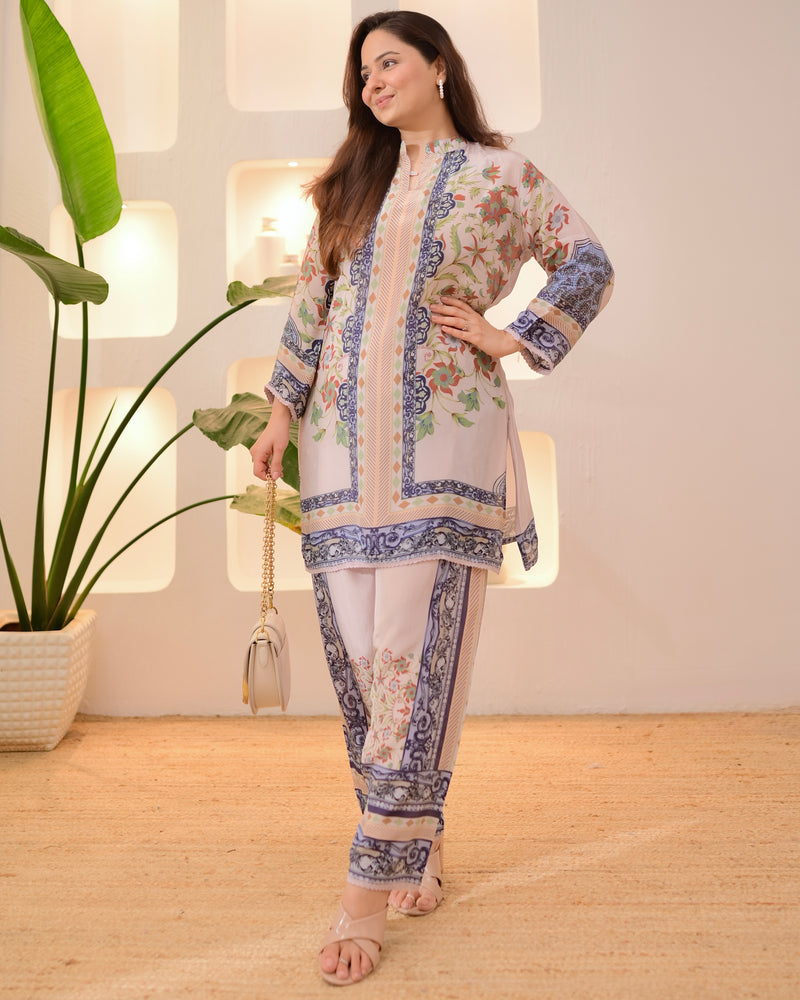 Ivory Blue Botanic Charm Crepe Co-ord Set