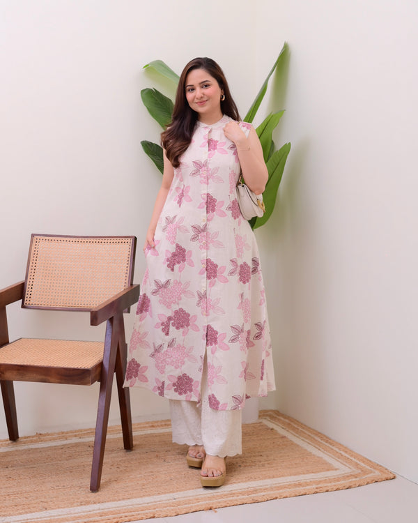 Pink Floral A Line Kurta Schiffli Palazzo Set