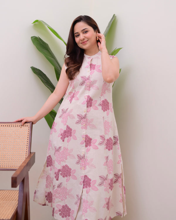 Pink Floral A Line Kurta Schiffli Palazzo Set