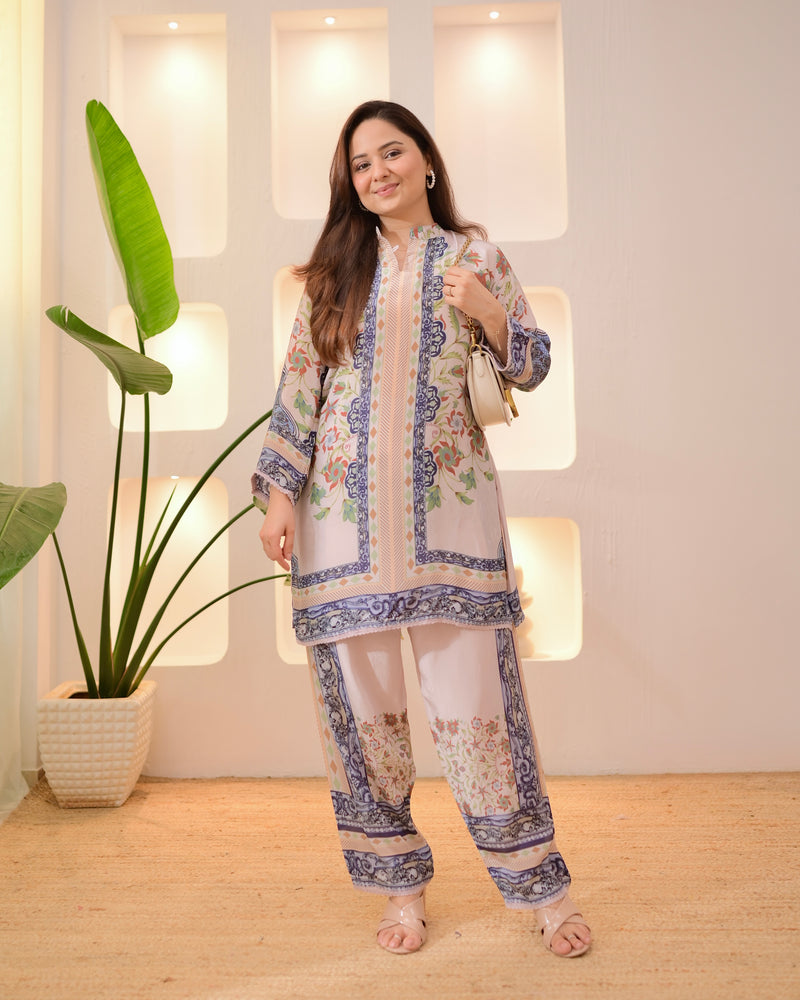 Ivory Blue Botanic Charm Crepe Co-ord Set