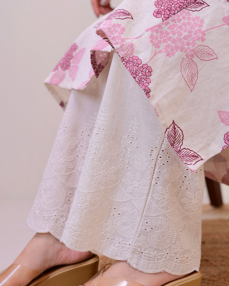 Pink Floral A Line Kurta Schiffli Palazzo Set
