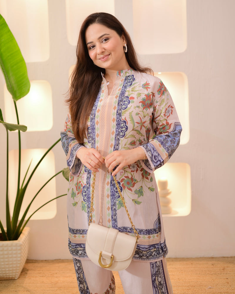 Ivory Blue Botanic Charm Crepe Co-ord Set