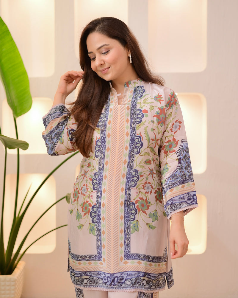 Ivory Blue Botanic Charm Crepe Co-ord Set
