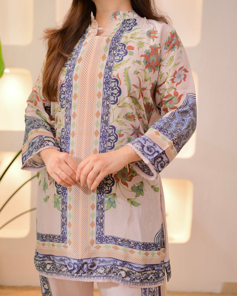 Ivory Blue Botanic Charm Crepe Co-ord Set