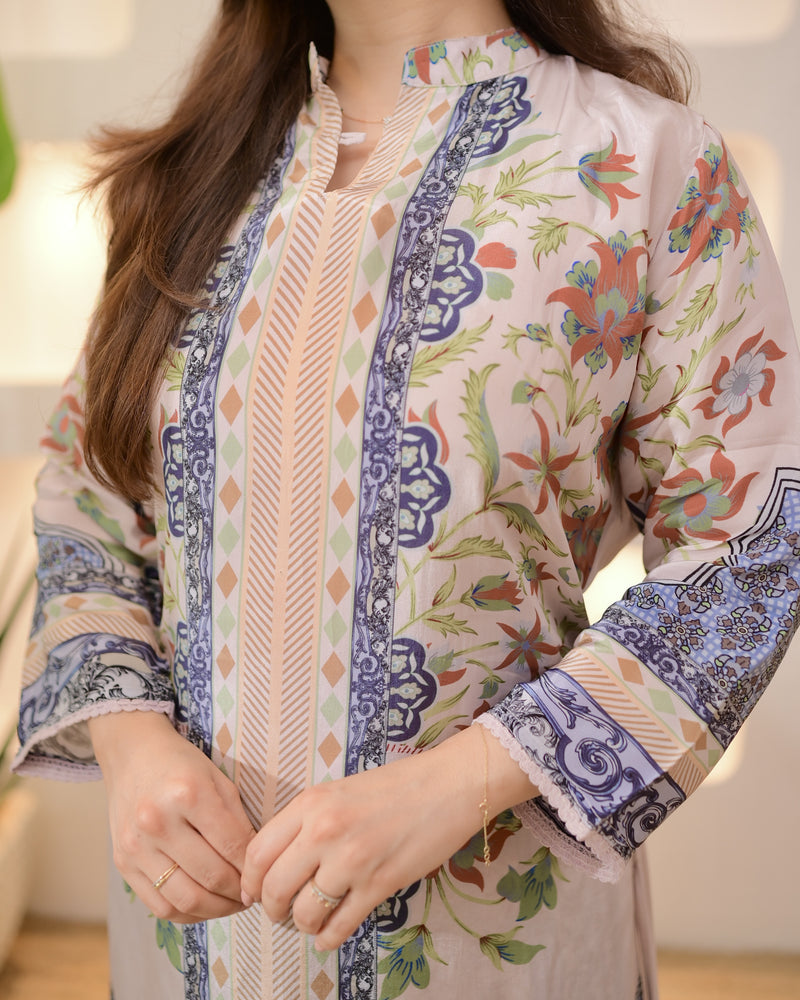 Ivory Blue Botanic Charm Crepe Co-ord Set