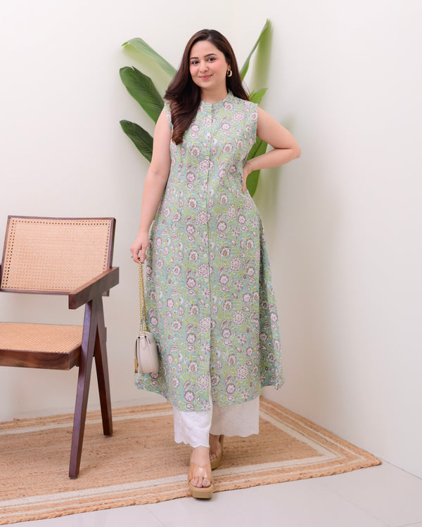 Green Floral A Line Kurta Schiffli Palazzo Set