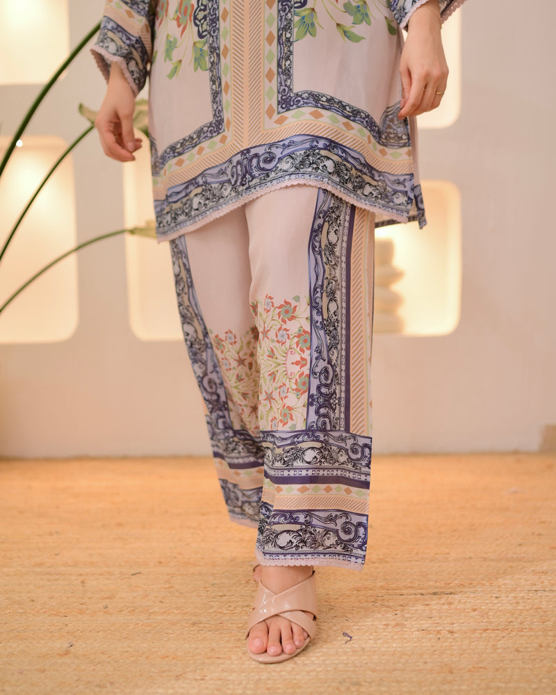 Ivory Blue Botanic Charm Crepe Co-ord Set