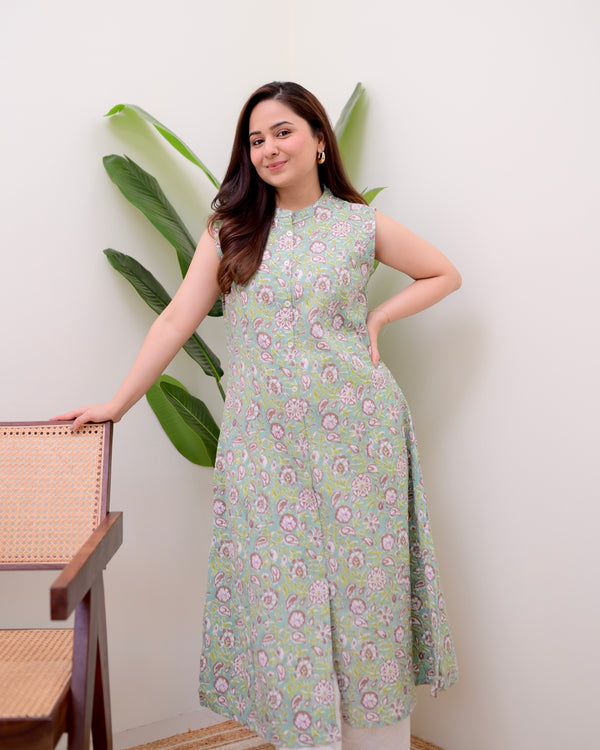 Green Floral A Line Kurta Schiffli Palazzo Set