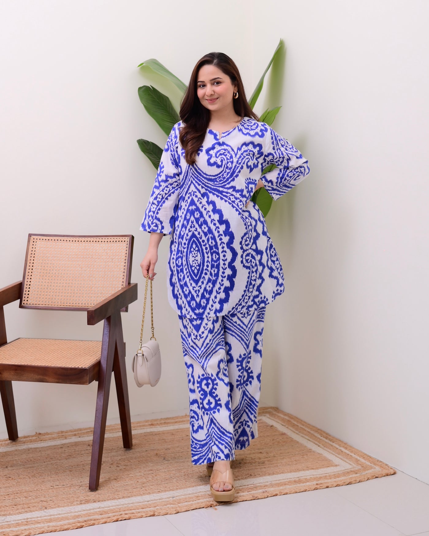 White Blue Baroque Cotton Loungewear Set