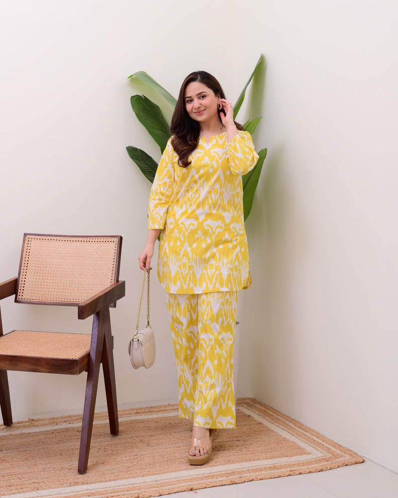 Lemon Yellow Ikat Cotton Loungewear Set