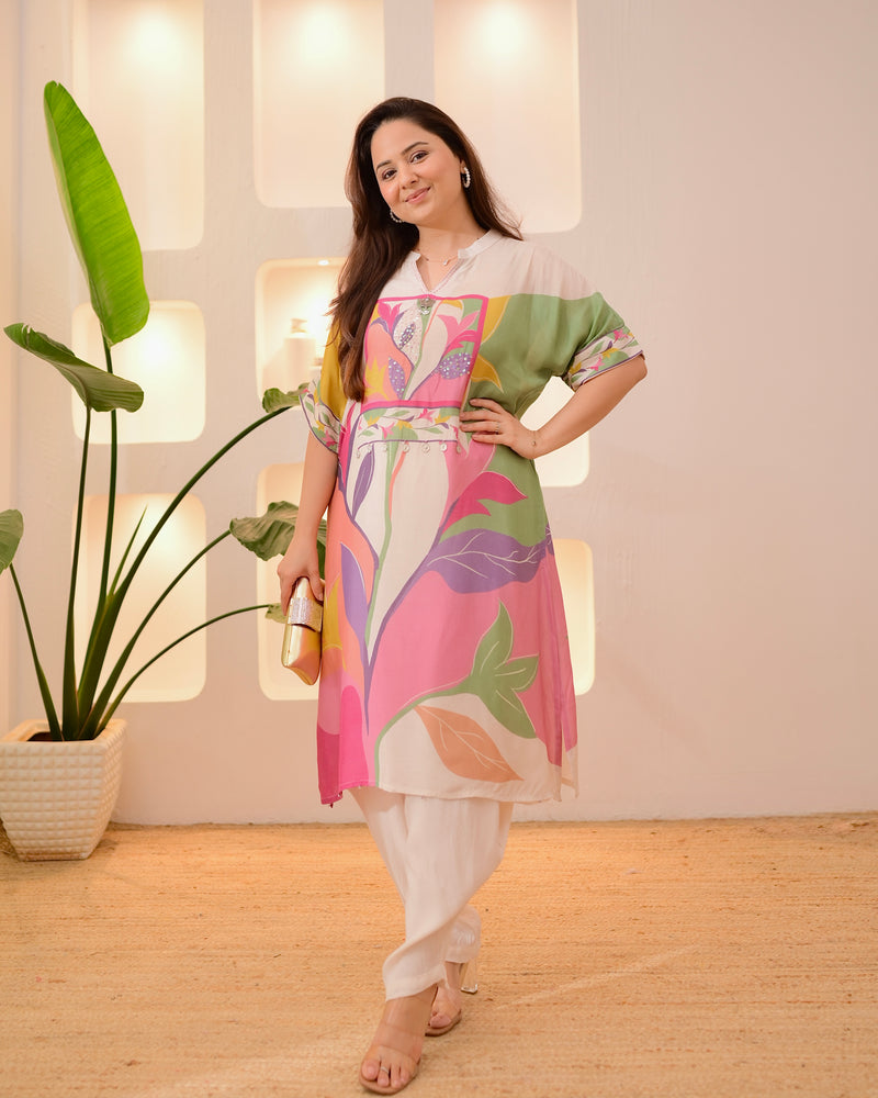 Ivory Multi Bloom Handwork Dhoti Co-ord