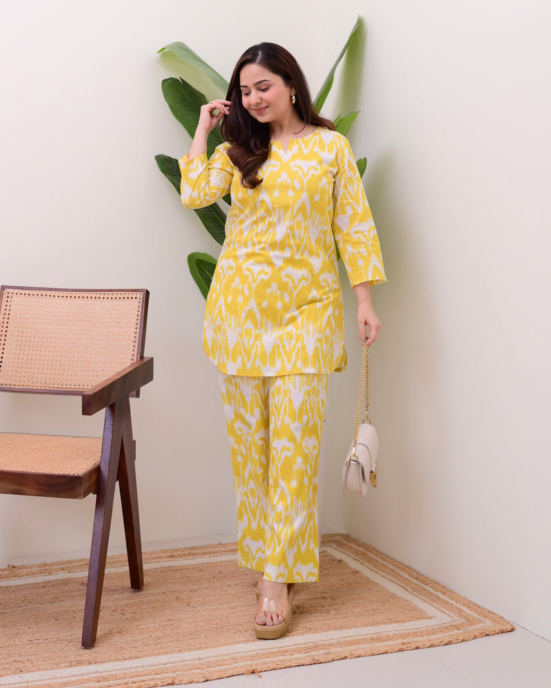 Lemon Yellow Ikat Cotton Loungewear Set