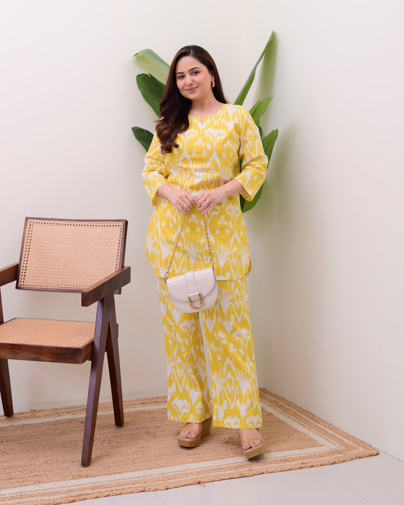 Lemon Yellow Ikat Cotton Loungewear Set