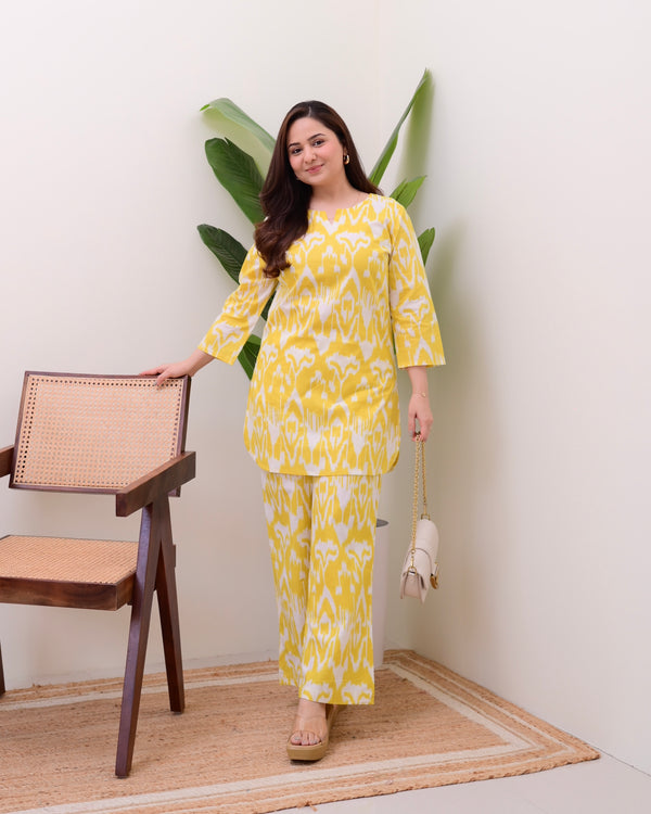 Lemon Yellow Ikat Cotton Loungewear Set