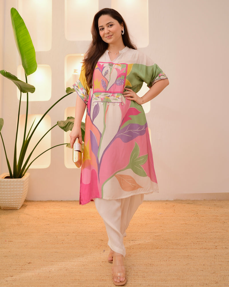 Ivory Multi Bloom Handwork Dhoti Co-ord