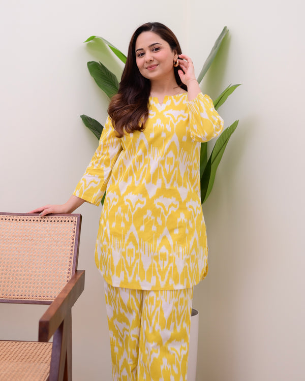 Lemon Yellow Ikat Cotton Loungewear Set