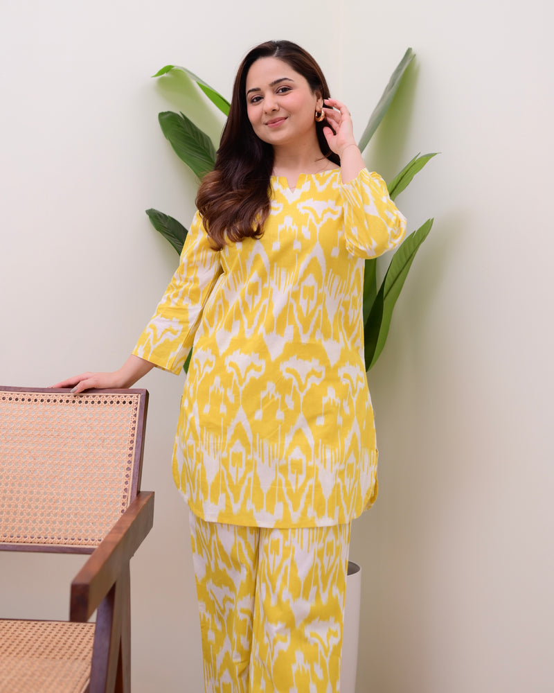 Lemon Yellow Ikat Cotton Loungewear Set