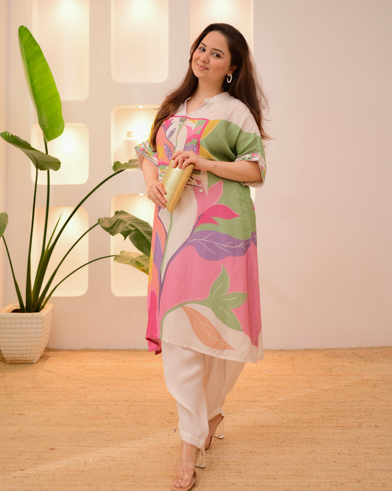 Ivory Multi Bloom Handwork Dhoti Co-ord