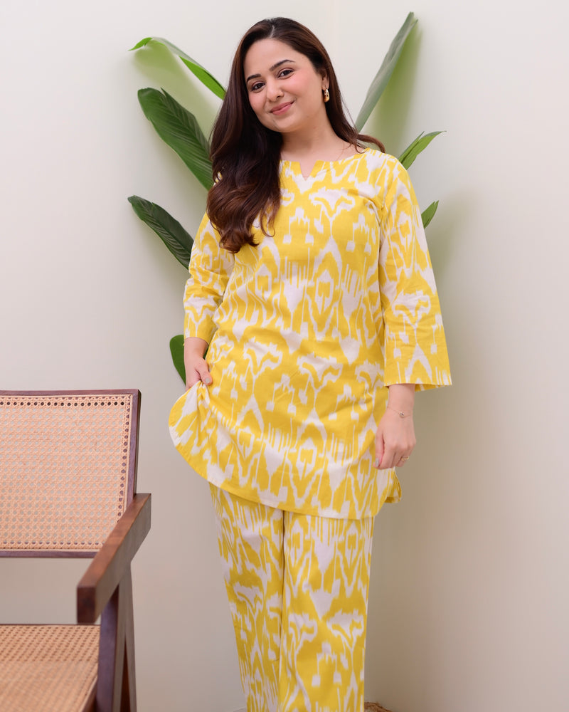 Lemon Yellow Ikat Cotton Loungewear Set