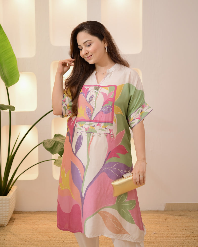 Ivory Multi Bloom Handwork Dhoti Co-ord