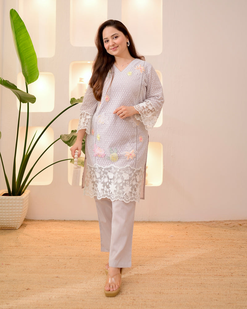 Ash Grey Schiffli Handwork Cotton Co-ord