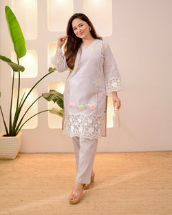 Ash Grey Schiffli Handwork Cotton Co-ord