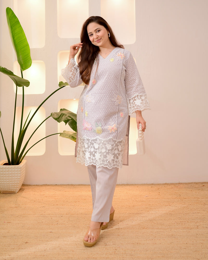 Ash Grey Schiffli Handwork Cotton Co-ord