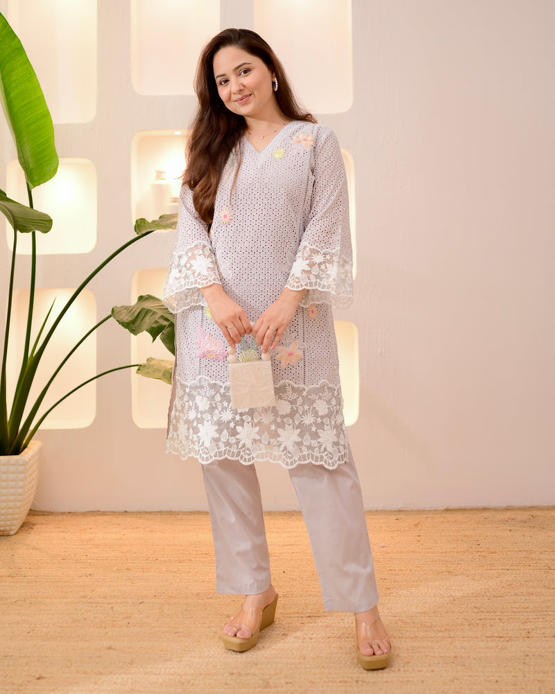 Ash Grey Schiffli Handwork Cotton Co-ord