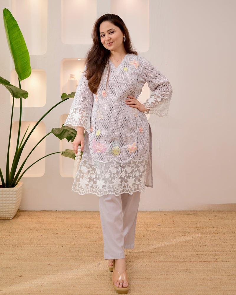 Ash Grey Schiffli Handwork Cotton Co-ord