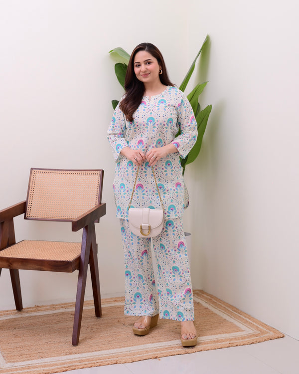 Ivory Blue Vintage Floral Cotton Loungewear Set