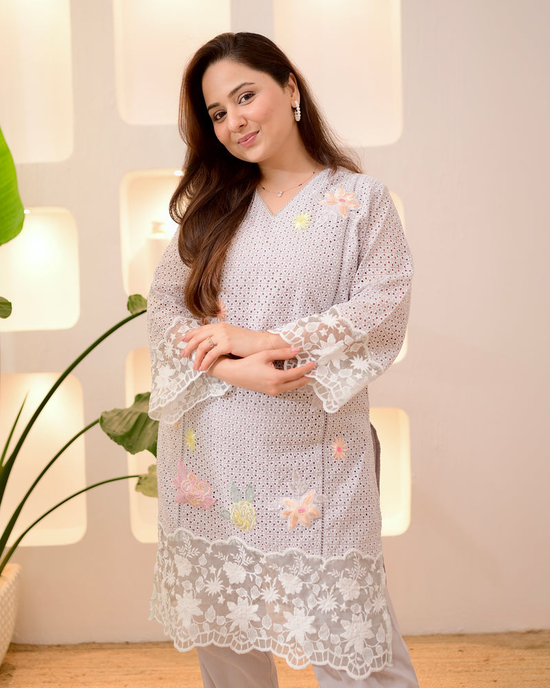 Ash Grey Schiffli Handwork Cotton Co-ord