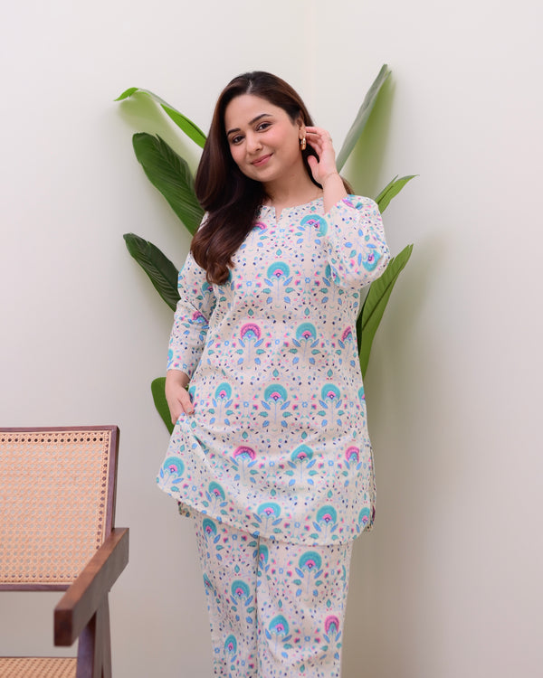 Ivory Blue Vintage Floral Cotton Loungewear Set