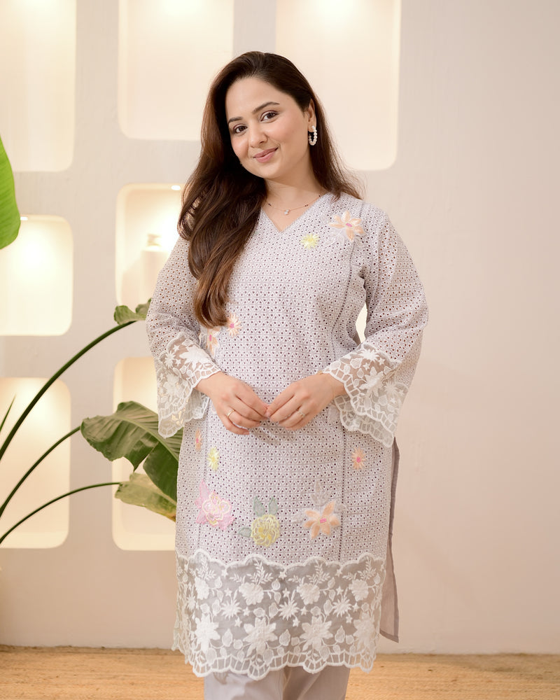 Ash Grey Schiffli Handwork Cotton Co-ord