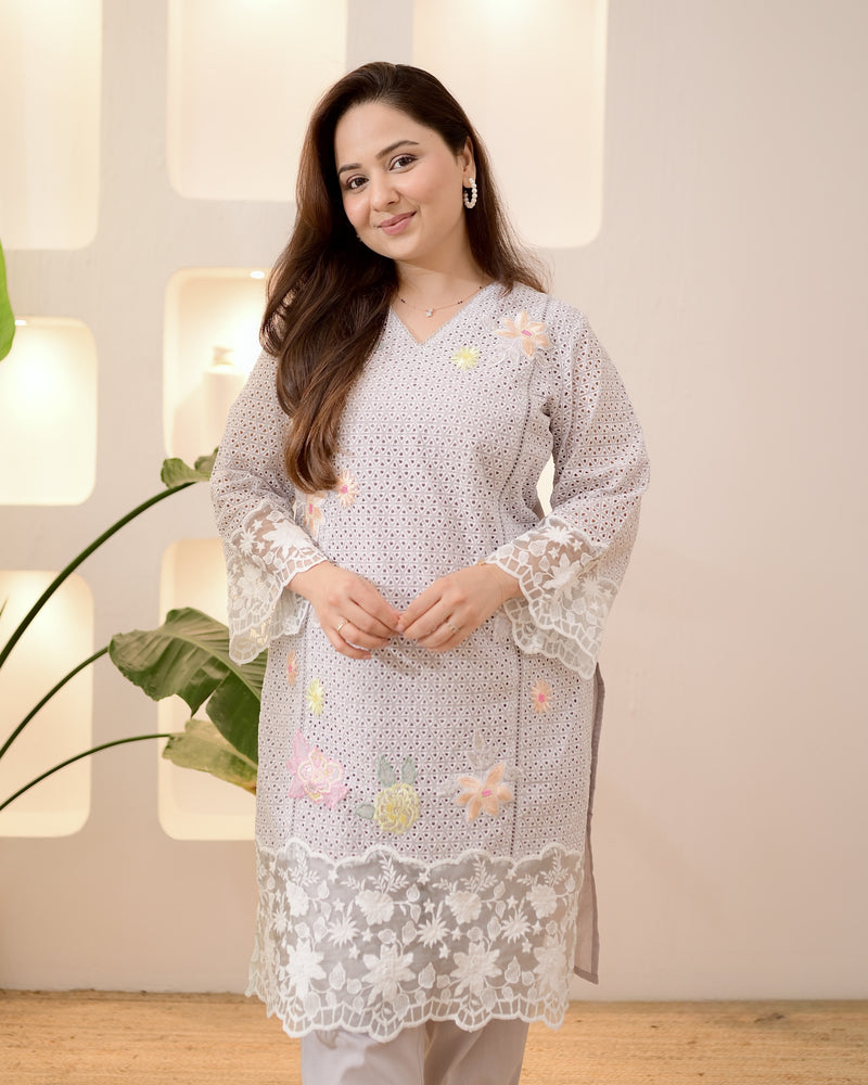 Ash Grey Schiffli Handwork Cotton Co-ord